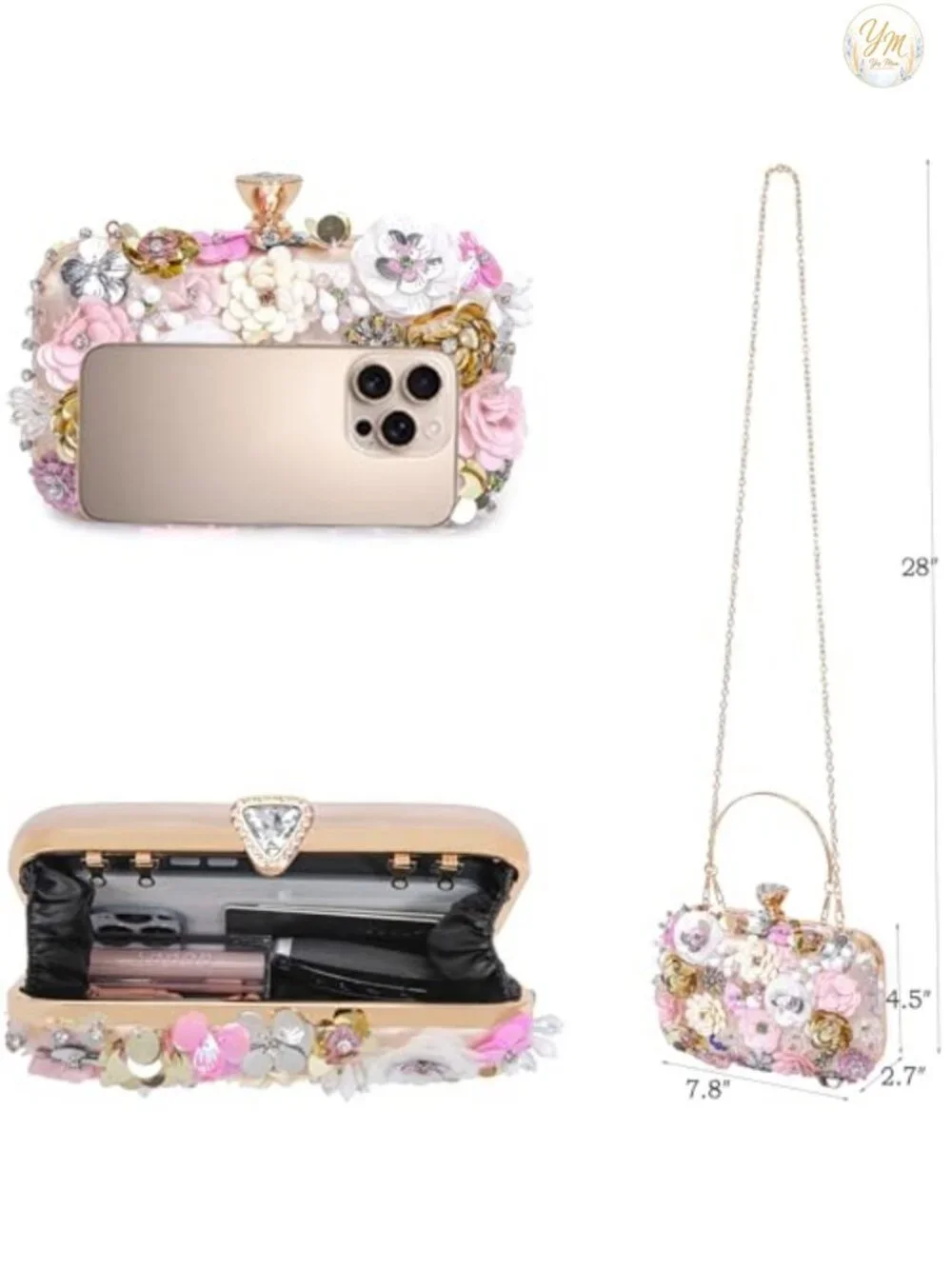 Faux Leather Floral Evening Clutch with Chain Strap